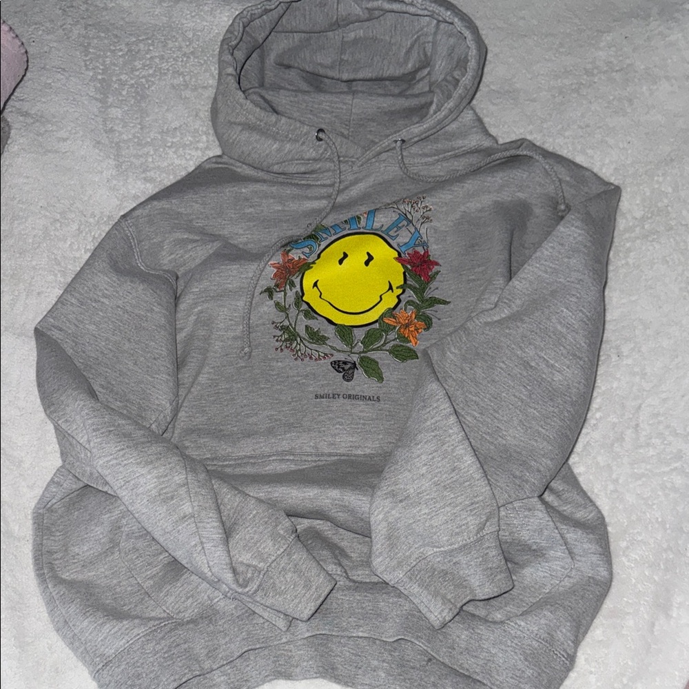 Gray Hoodie with Smiley Face and Floral Design